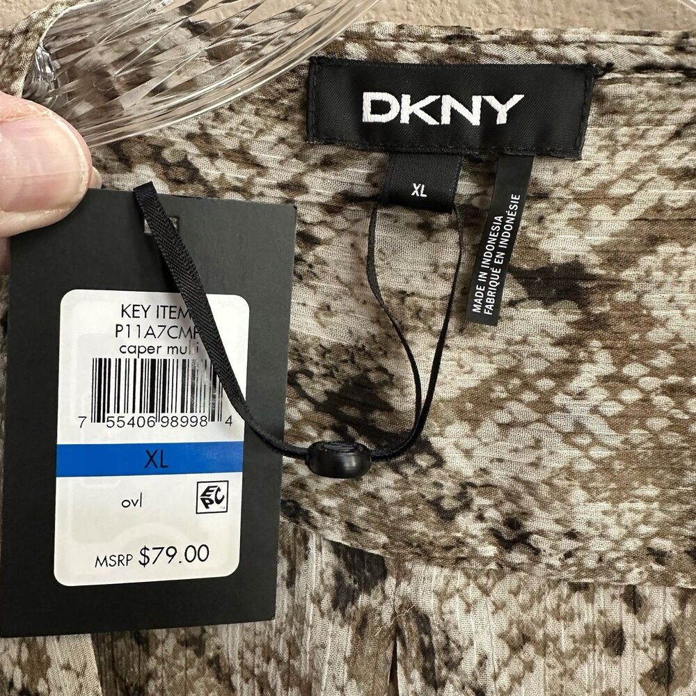 DKNY Top Women's XL Brown Snake Print Faux-Wrap Long Sleeve Semi Sheer Career - Picture 3 of 11